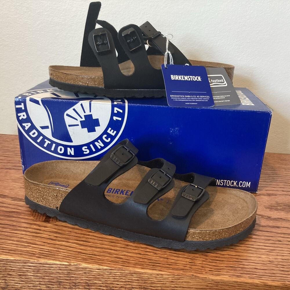 Size 7 Birkenstock Florida Soft Footbed Birko-Flor Leather Sandals Black Narrow